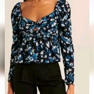 Y2K Abercrombie & Fitch Women's Small Floral Silk Blouse, Navy Blue